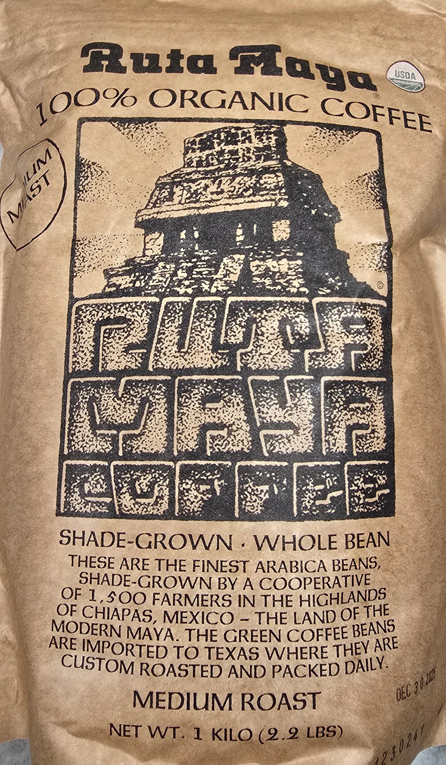 Ruta Maya 100% Organic Coffee 1 KG 2.2 LBS | Medium Roast Whole Bean